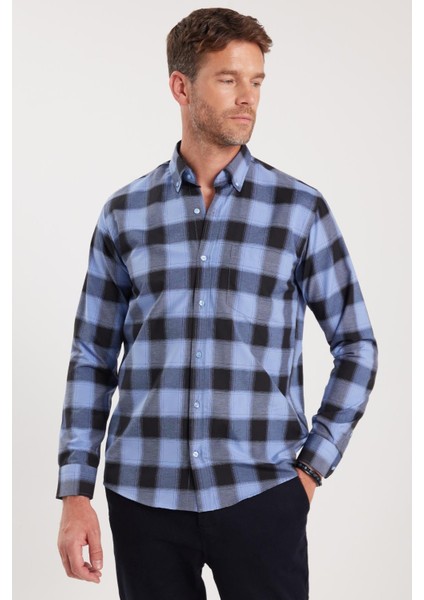 Erkek Regular Fit Klasik Kesim Düğmeli Yaka Küçük Kareli Pamuklu Gömlek fırsatları