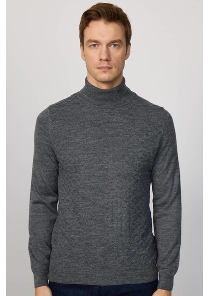 Erkek Tam Balıkçı Yaka Önü Desenli Gri Triko Kazak fiyatları