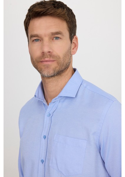 Erkek Klasik Fit Uzun Kollu Pamuklu Kolay Ütü Armürlü Mavi Gömlek