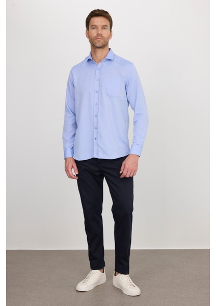 Erkek Klasik Fit Uzun Kollu Pamuklu Kolay Ütü Armürlü Mavi Gömlek modelleri