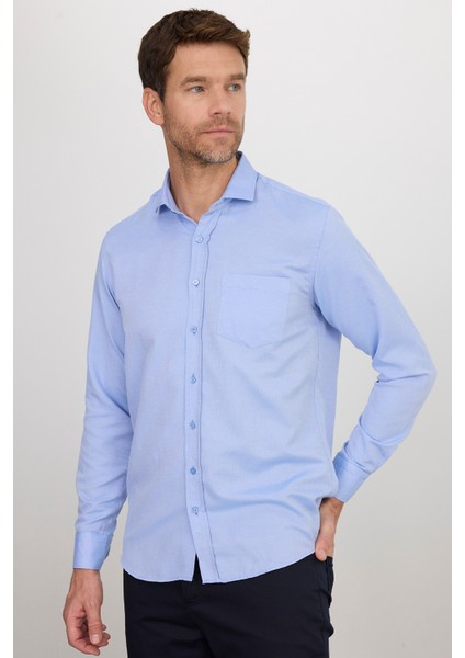 Erkek Klasik Fit Uzun Kollu Pamuklu Kolay Ütü Armürlü Mavi Gömlek fırsatları