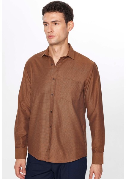 Erkek Regular Fit Klasik Kesim Pamuklu Armürlü Kahverengi Gömlek fiyatları