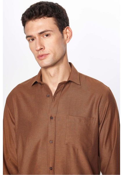 Erkek Regular Fit Klasik Kesim Pamuklu Armürlü Kahverengi Gömlek modelleri