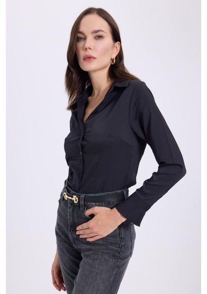 Kadın Slim Fit Dar Kesim Klasik Yaka Uzun Kollu Siyah Gömlek fiyatları
