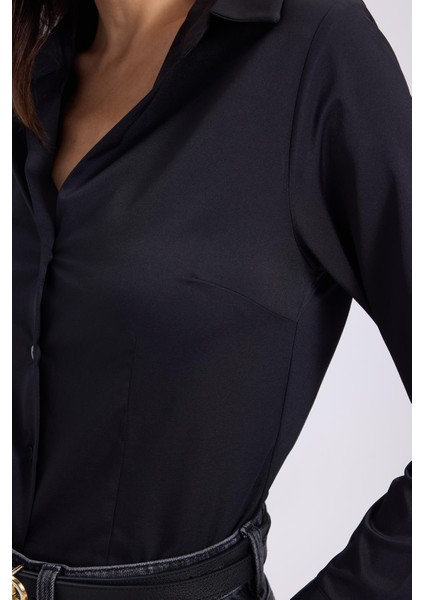 Kadın Slim Fit Dar Kesim Klasik Yaka Uzun Kollu Siyah Gömlek modelleri