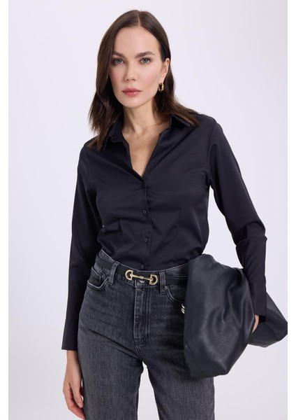 Kadın Slim Fit Dar Kesim Klasik Yaka Uzun Kollu Siyah Gömlek indirimleri