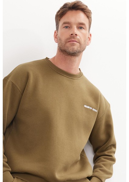 Erkek Relax Fit Pamuklu 3 İplik Yumuşak Dokulu İçi Polarlı Bisiklet Yaka Haki Eşofman Takımı fiyatları