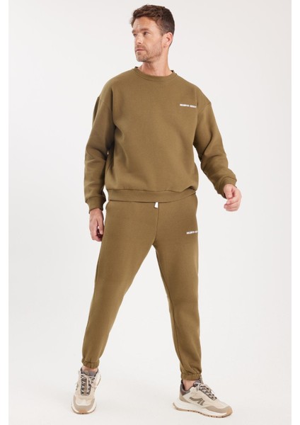 Erkek Relax Fit Pamuklu 3 İplik Yumuşak Dokulu İçi Polarlı Bisiklet Yaka Haki Eşofman Takımı fırsatları