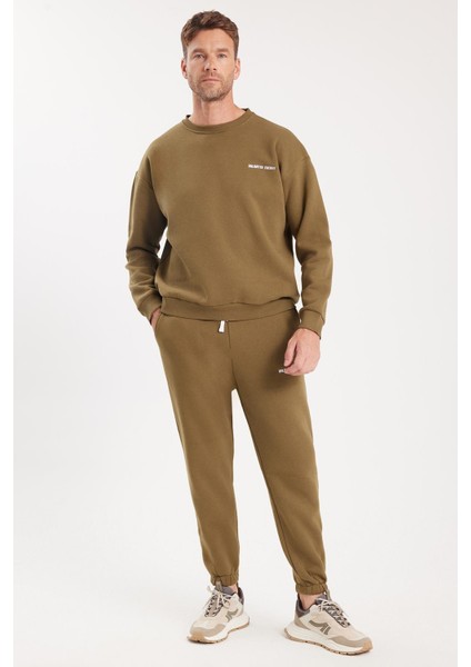 Erkek Relax Fit Pamuklu 3 İplik Yumuşak Dokulu İçi Polarlı Bisiklet Yaka Haki Eşofman Takımı indirimleri
