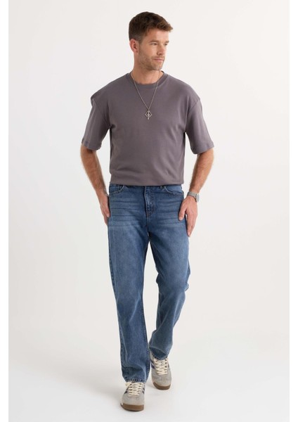 Erkek Regular Fit %100 Pamuk Yan Cepli Baggy Lacivert Jean Kot Pantolon