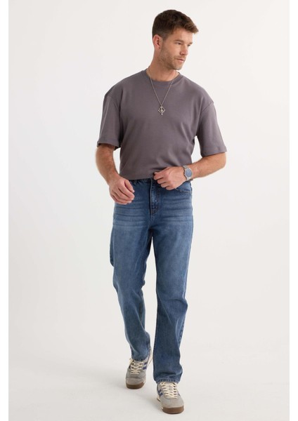 Erkek Regular Fit %100 Pamuk Yan Cepli Baggy Lacivert Jean Kot Pantolon fırsatları