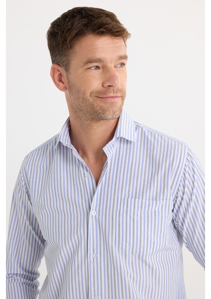 Erkek Regular Fit Klasik Kesim İnce Çizgili Pamuklu Kravatlık Yaka Gömlek fiyatları