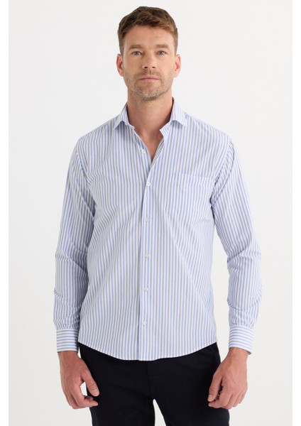 Erkek Regular Fit Klasik Kesim İnce Çizgili Pamuklu Kravatlık Yaka Gömlek fırsatları