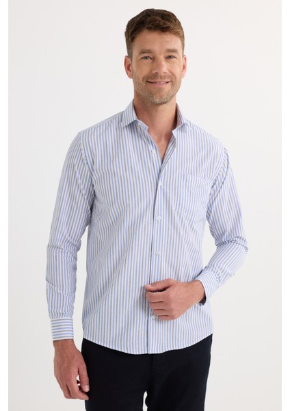 Erkek Regular Fit Klasik Kesim İnce Çizgili Pamuklu Kravatlık Yaka Gömlek indirimleri