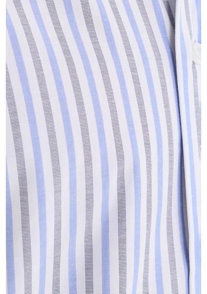 Erkek Regular Fit Klasik Kesim İnce Çizgili Pamuklu Kravatlık Yaka Gömlek