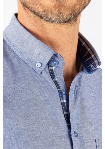 Erkek Regular Fit Klasik Kesim Pamuklu Oxford Doku Tek Cepli Mavi Düğmeli Yaka Gömlek modelleri