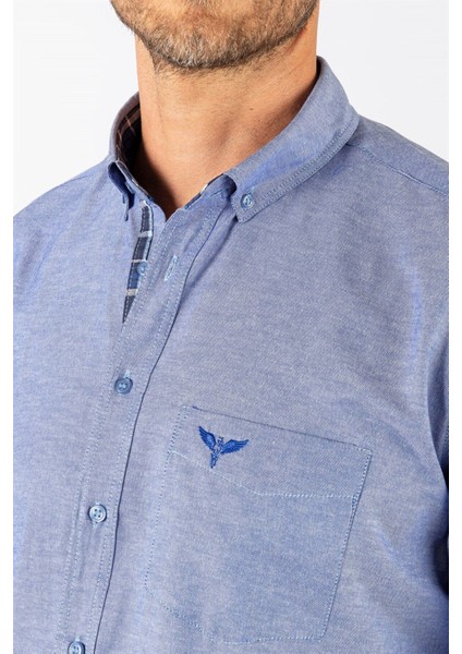 Erkek Regular Fit Klasik Kesim Pamuklu Oxford Doku Tek Cepli Mavi Düğmeli Yaka Gömlek fırsatları