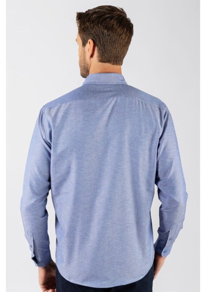 Erkek Regular Fit Klasik Kesim Pamuklu Oxford Doku Tek Cepli Mavi Düğmeli Yaka Gömlek indirimleri