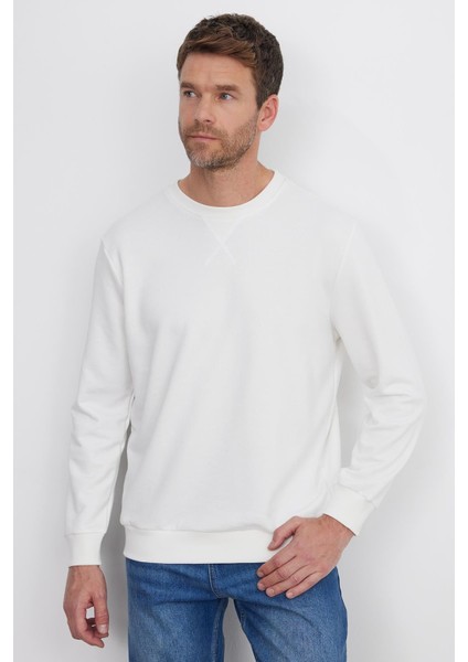 Unisex Relax Fit Rahat Kesim %100 Pamuk Basic Beyaz Bisiklet Yaka Sweatshirt fırsatları