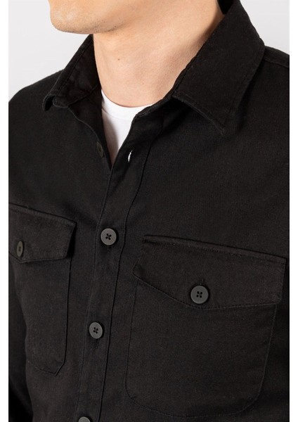 Slim Fit Uzun Kollu Denim Kot Düz Cepli Gabardin Erkek Siyah Gömlek modelleri