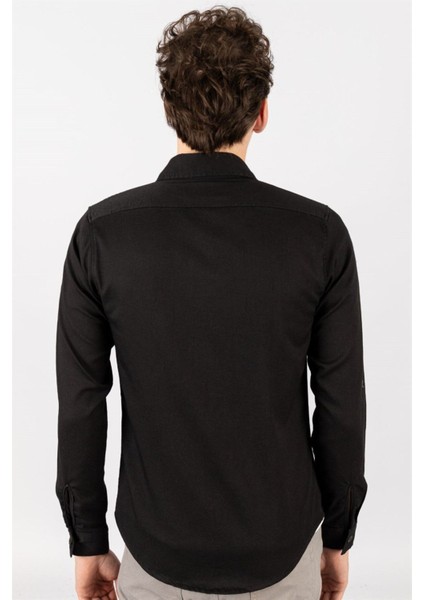 Slim Fit Uzun Kollu Denim Kot Düz Cepli Gabardin Erkek Siyah Gömlek fırsatları