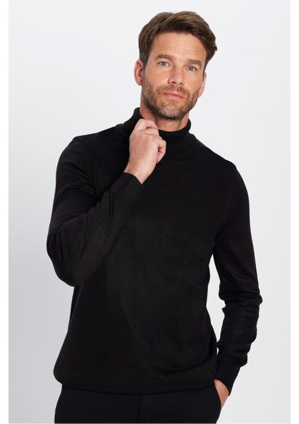 Erkek Slim Fit Dar Kesim Yumuşak Dokulu Tüylenmeyen Siyah Tam Balıkçı Yaka Triko Kazak fiyatları