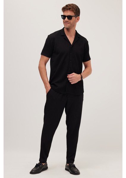 Erkek Standart Fit Kısa Kollu Beli Bağcıklı Apaş Yaka Siyah Gömlek Jogger Takım fırsatları