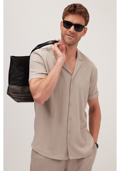 Erkek Standart Fit Kısa Kollu Beli Bağcıklı Apaş Yaka Taş Gömlek Jogger Takım