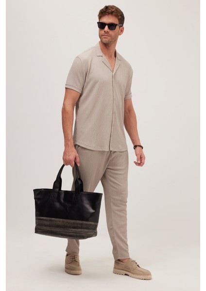 Erkek Standart Fit Kısa Kollu Beli Bağcıklı Apaş Yaka Taş Gömlek Jogger Takım fırsatları