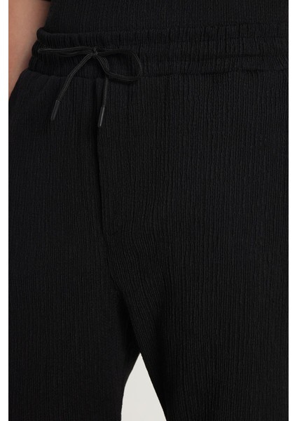 Erkek Oversize Geniş Kesim Bisiklet Yaka Gofre Kumaş Beli Bağcıklı Siyah Şort Takım fiyatları