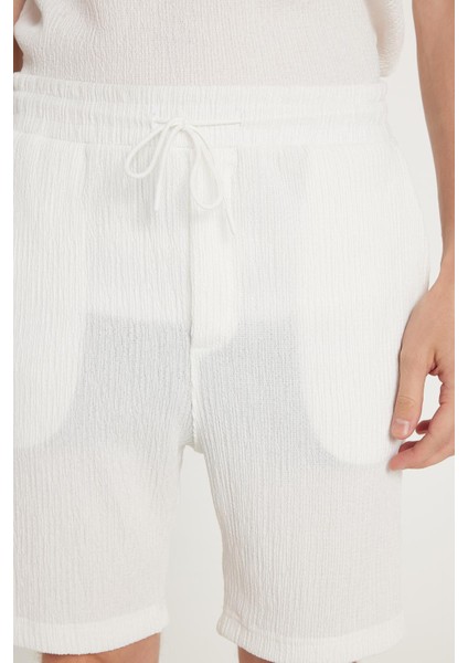 Erkek Oversize Geniş Kesim Bisiklet Yaka Gofre Kumaş Beli Bağcıklı Beyaz Şort Takım modelleri