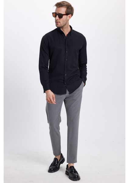 Erkek Slim Fit Dar Kesim Uzun Kollu Pamuklu Oxford Doku Kolay Ütü Siyah Düğmeli Yaka Gömlek fırsatları