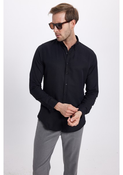 Erkek Slim Fit Dar Kesim Uzun Kollu Pamuklu Oxford Doku Kolay Ütü Siyah Düğmeli Yaka Gömlek indirimleri