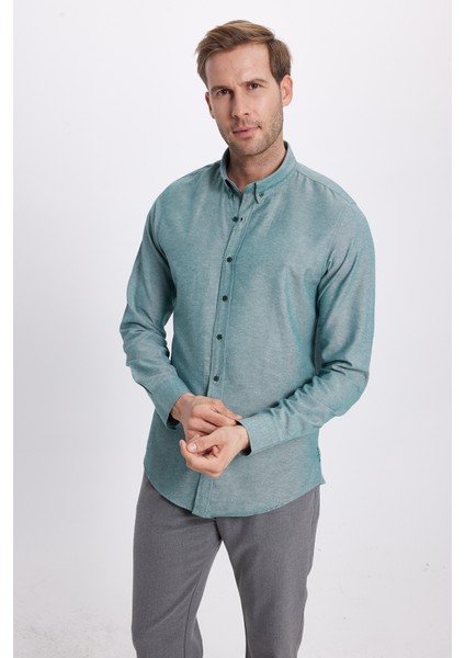 Erkek Slim Fit Dar Kesim Uzun Kollu Pamuklu Oxford Doku Kolay Ütü Yeşil Düğmeli Yaka Gömlek fiyatları