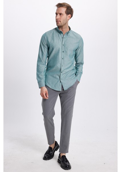 Erkek Slim Fit Dar Kesim Uzun Kollu Pamuklu Oxford Doku Kolay Ütü Yeşil Düğmeli Yaka Gömlek fırsatları