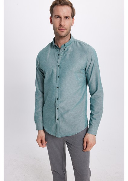 Erkek Slim Fit Dar Kesim Uzun Kollu Pamuklu Oxford Doku Kolay Ütü Yeşil Düğmeli Yaka Gömlek indirimleri