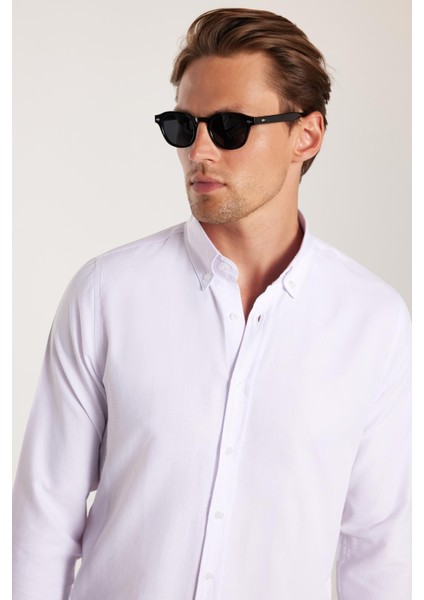 Erkek Slim Fit Dar Kesim Uzun Kollu Pamuklu Oxford Doku Kolay Ütü Beyaz Düğmeli Yaka Gömlek fiyatları