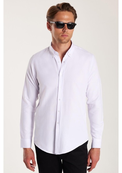 Erkek Slim Fit Dar Kesim Uzun Kollu Pamuklu Oxford Doku Kolay Ütü Beyaz Düğmeli Yaka Gömlek fırsatları