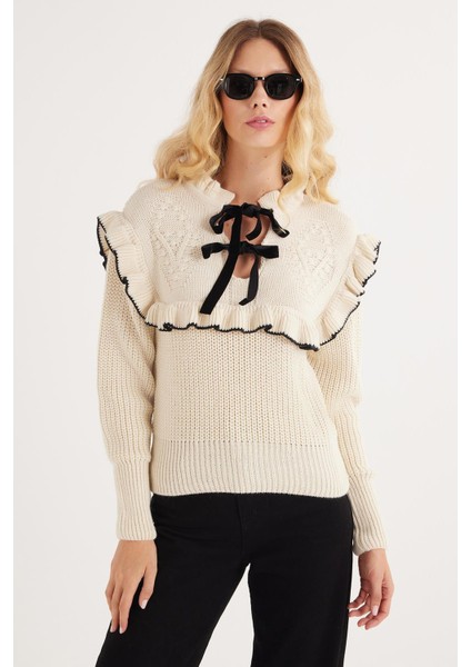 Kadın Slim Fit Dar Kesim V Yaka Bej Kazak indirimleri