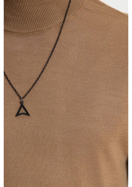 Erkek Standart Fit Normal Kesim Yarım Balıkçı Yaka Düz Koyu Vizon Triko Kazak