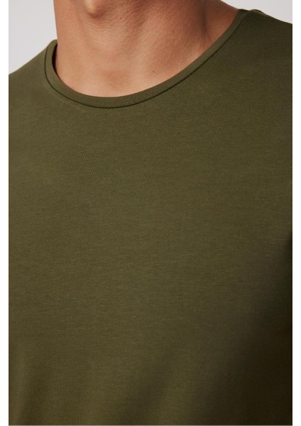 Erkek Slim Fit Dar Kesim Pamuklu Yumuşak Doku Likralı Esnek Kumaş Basic Haki Bisiklet Yaka Tişört fırsatları