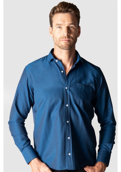 Erkek Regular Fit Klasik Kesim Pamuklu Kolay Ütü Armürlü Sax Mavi Gömlek fiyatları