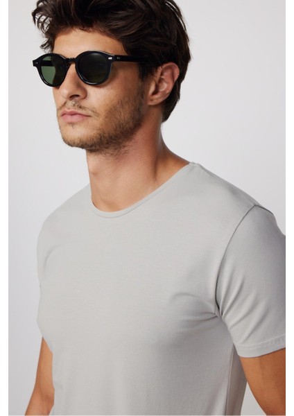 Erkek Slim Fit Dar Kesim Pamuklu Yumuşak Doku Likralı Esnek Kumaş Basic Gri Bisiklet Yaka Tişört modelleri