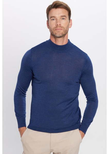 Erkek Slim Fit Dar Kesim Yarım Balıkçı Yaka Düz Lacivert Triko Kazak fiyatları