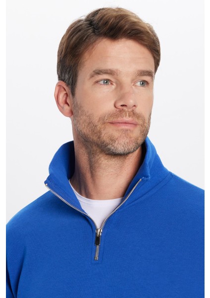 Unisex Relax Fit Rahat Kesim Pamuklu İçi Polarlı Yarım Fermuarlı Sax Mavi Dik Yaka Sweatshirt fiyatları