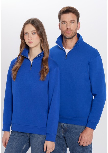 Unisex Relax Fit Rahat Kesim Pamuklu İçi Polarlı Yarım Fermuarlı Sax Mavi Dik Yaka Sweatshirt modelleri