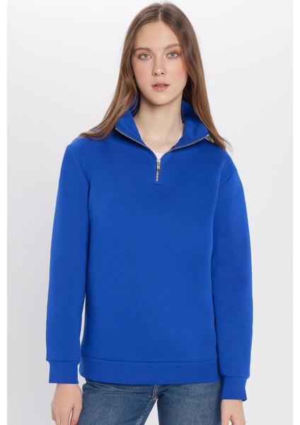 Unisex Relax Fit Rahat Kesim Pamuklu İçi Polarlı Yarım Fermuarlı Sax Mavi Dik Yaka Sweatshirt fırsatları
