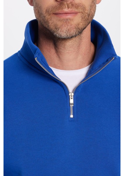 Unisex Relax Fit Rahat Kesim Pamuklu İçi Polarlı Yarım Fermuarlı Sax Mavi Dik Yaka Sweatshirt indirimleri
