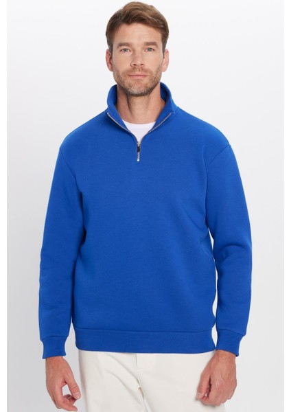 Unisex Relax Fit Rahat Kesim Pamuklu İçi Polarlı Yarım Fermuarlı Sax Mavi Dik Yaka Sweatshirt