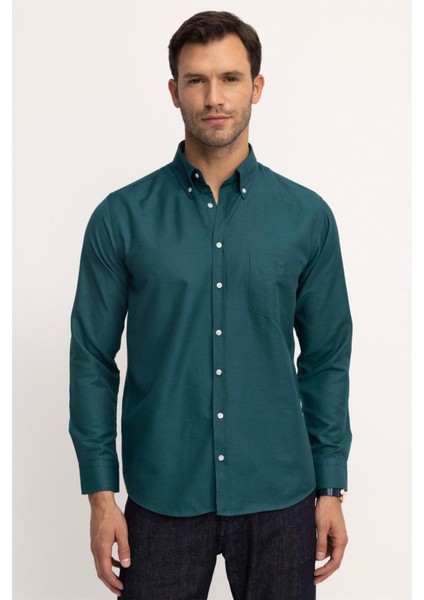 Erkek Regular Fit Klasik Kesim Oxford Doku Yaka Düğmeli Cepli Nakışlı Yeşil Gömlek fiyatları
